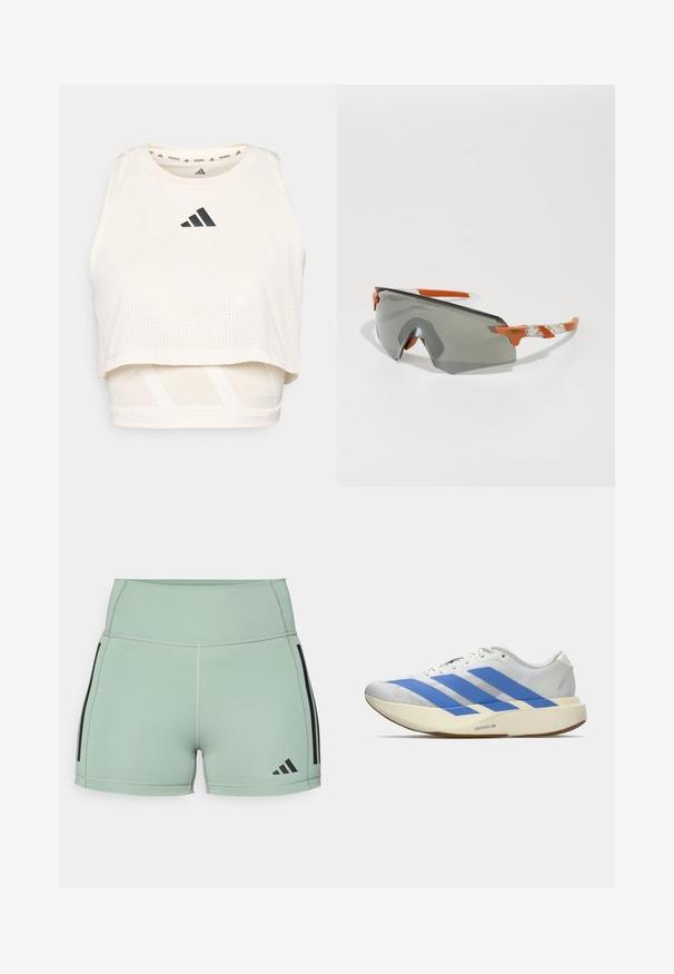 Baltas sportinis trumpas tank topas, pagamintas iš kvėpuojančios medžiagos. Turi apvalų iškirpimą, perforuotą tekstūrą ir juodą logotipą priekyje.; Šviesiai mėtų žalios spalvos trumpi sportiniai šortai, su juodomis šoninėmis juostomis ir logotipu, su plokščiomis siūlėmis, suteikiančiomis papildomą komfortą.; Balti sportiniai batai su mėlynomis juostelėmis, tekstūruota viršutinė dalis, plokščias padas ir „LIGHTSTRIKE PRO“ prekės ženklas šone. Žemas profilis.; Sportiniai akiniai nuo saulės su pilku lęšiu, oranžinėmis detalėmis ir raštuotomis baltomis kojelėmis. Sukurta našumui, su apvalia forma.