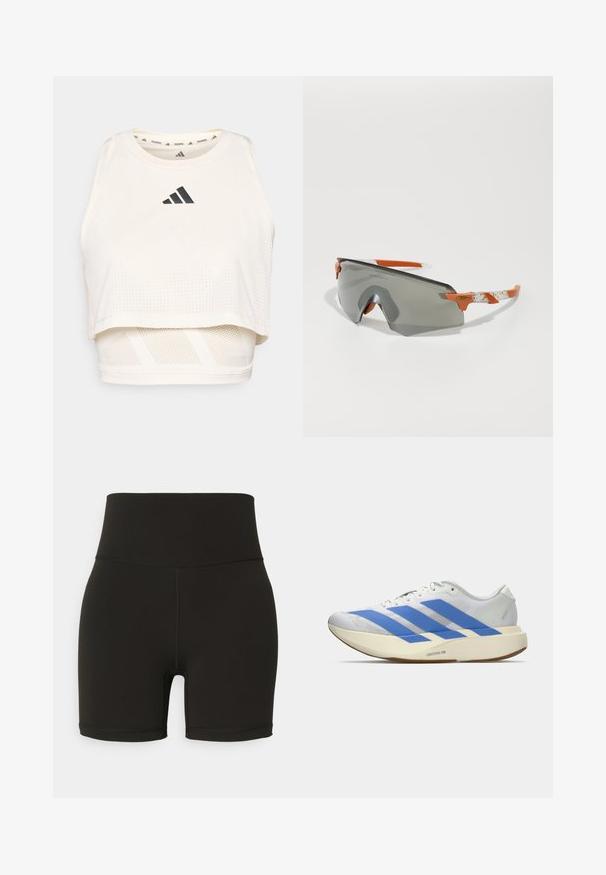 White athletic crop tank top made from breathable fabric. Features a round neckline, perforated texture, and a black logo on the front.; Black high-waisted bike shorts made of stretchy fabric, featuring a seamless design and stitched accents, ending above the knee.; White athletic shoe with blue stripes, textured upper, flat sole, and "LIGHTSTRIKE PRO" branding on the side. Low-profile design.; Sport sunglasses with a gray lens, orange accents, and patterned white arms. Designed for performance with a wraparound shape.