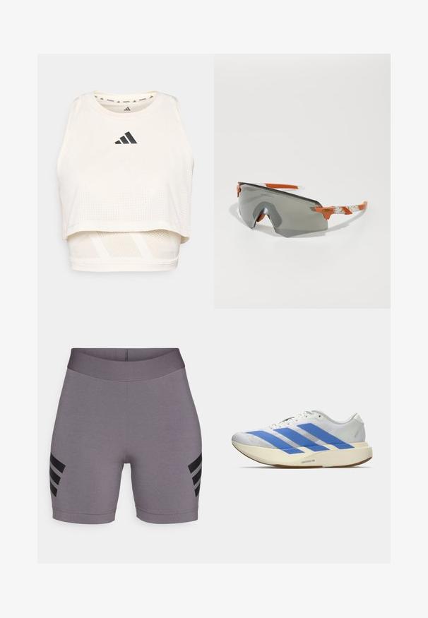 Biely športový crop tank top vyrobený z priedušného materiálu. Obsahuje okrúhly výstrih, perforovanú textúru a čierne logo na prednej strane.; Šedé športové šortky s hladkou textúrou, s vysokým pásom a tromi čiernymi pruhmi na boku.; Biele športové tenisky s modrými pruhmi, textúrovaný zvršok, plochá podrážka a branding "LIGHTSTRIKE PRO" po boku. Nízky profil.; Športové slnečné okuliare so šedým sklom, oranžovými akcentmi a vzorovanými bielymi ramenami. Navrhnuté pre výkon s obopínajúcim tvarom.