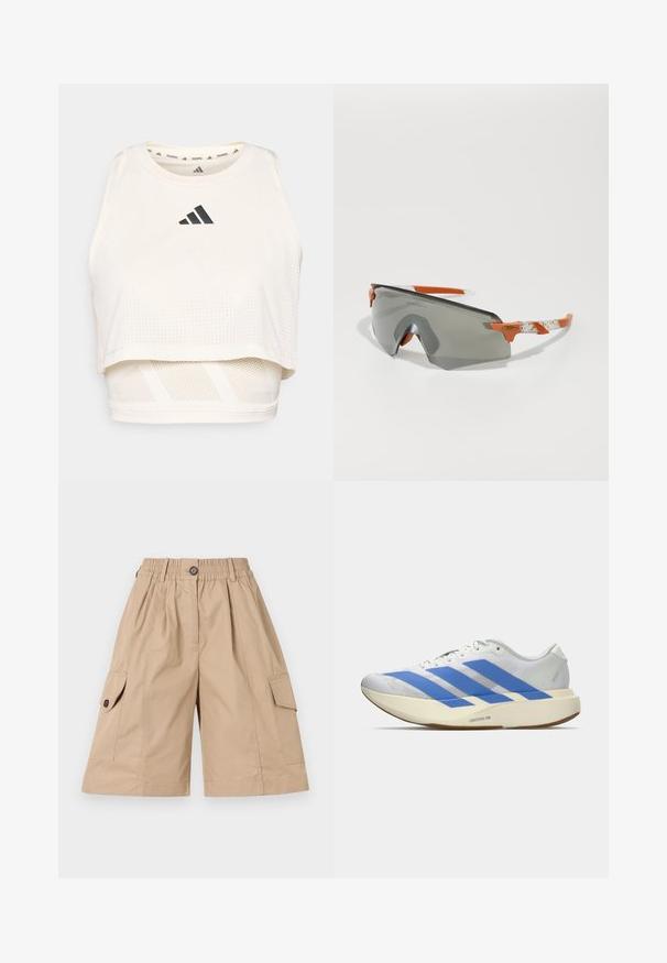 Vit sportig crop top tillverkad av andningsbart material. Har rund halsringning, perforerad textur och en svart logotyp framtill.; Beiga cargoshorts med elastisk midja, knappstängning, två sidofickor och två cargofickor med lock och knappdetaljer.; Vit sportskor med blå ränder, texturerad ovandel, platt sula och "LIGHTSTRIKE PRO"-logotyp på sidan. Lågprofil design.; Sportiga solglasögon med gråa linser, orange detaljer och mönstrade vita bågar. Designade för prestanda med en omslutande form.