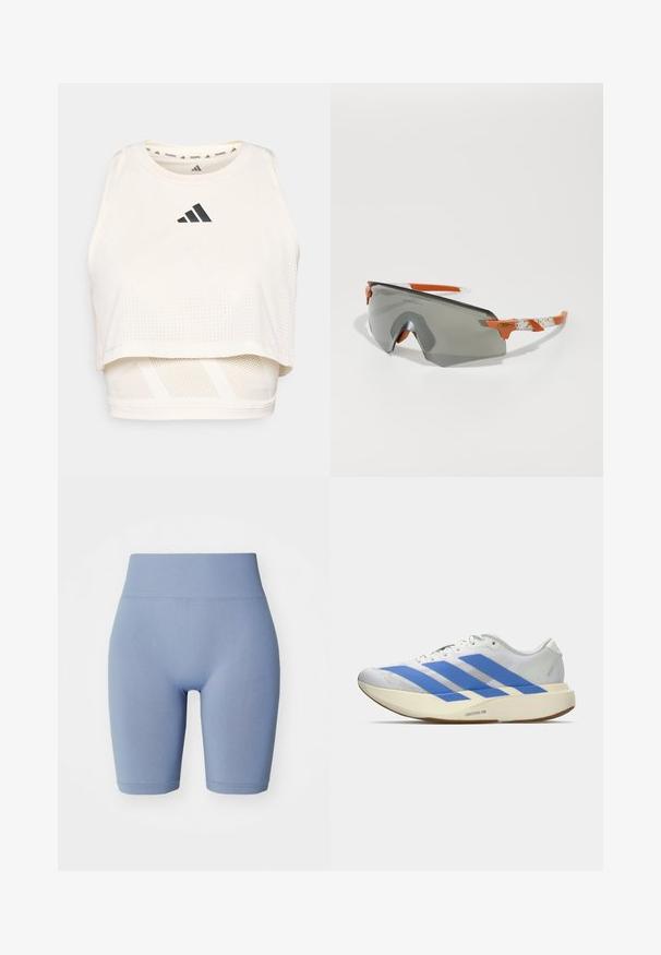 Valge sportlik lühike tanktop, mis on valmistatud hingavast kangast. Omab ümmargust kaelust, perforatsioonidega tekstuuri ja musta logo ees.; Heledad sinine jalgrattapüksid kõrge elastse vöökoha ja siledaga. Sile tekstuur, kehasse sobiv disain ja keskmise reie pikkus. Ilma mustrite või aktsentideta.; Valge sportlik king, millel on sinised triibud, tekstureeritud ülemine osa, lame tall ja "LIGHTSTRIKE PRO" bränding küljel. Madala profiiliga disain.; Sportlikud prillid, millel on hall üheosaline objektiiv, oranžid aktsendid ja mustrilised valged käepidemed. Kujundatud jõudluse jaoks ümara kuju abil.