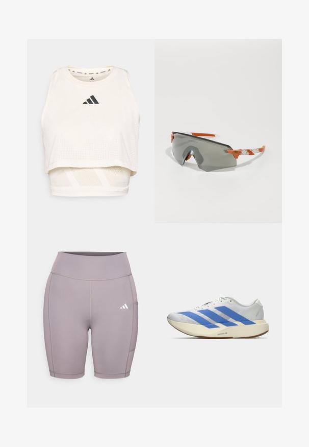 Fehér sportos crop tank top lélegző anyagból. Kerek nyakú, perforált textúrájú, és fekete logó található elöl.; Rugalmas, levendula színű kerékpáros sort, magas derékrésszel. Laposan varrt varratokkal és oldalsó zsebbel rendelkezik. A jellegzetes fehér Adidas logó az alsó bal részen található.; Fehér sportcipő kék csíkkal, textúrált felső résszel, lapos talppal és "LIGHTSTRIKE PRO" felirattal az oldalon. Alacsony profilú dizájn.; Sport napszemüveg szürke lencsével, narancssárga részletekkel és mintázott fehér szárakkal. Teljesítményre tervezve, körbeölelő formával.