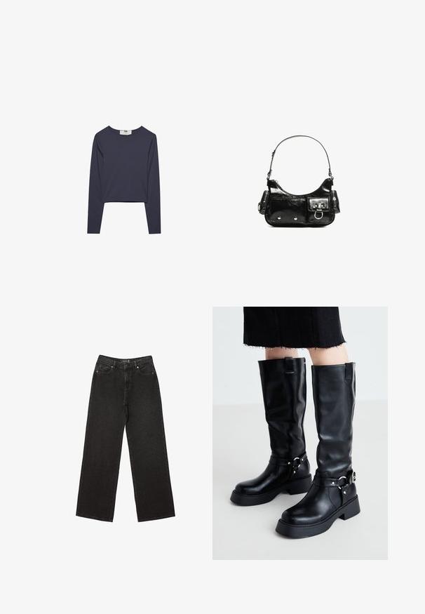 Long-sleeve crop top in dark navy, made of lightweight fabric, featuring a rounded neckline and a smooth, even texture.; Black wide-leg jeans made of denim, featuring small dotted patterns, classic five-pocket design, and a button and zip fly closure.; RAID MENNA - Cowboy/Biker boots - black; Black patent leather handbag with a curved shape, one shoulder strap, front pockets, and silver-tone hardware accents.