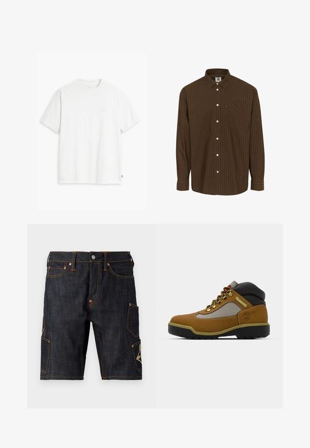 Bela bombažna majica s kratkimi rokavi, okroglim ovratnikom in subtilnim logotipom Levi's, natisnjenim na sredini. Mehak material in standardna oblika.; Rjava prugasta srajca z gumbi, s ovratnikom, dolgimi rokavi in žepom na prsih; ima bele gumbke in teksturirano tkanino.; Temno jeans kratke hlače s ravnim krojem, ki imajo kontrastno oranžno šivanko, pet žepov in cargo žep z emblemom.; Rjavi pohodni čevlj s sivimi in črnimi akcenti, teksturirano usnje na zgornjem delu, kovinski nosilci za vezalke in trden gumijast podplat za boljši oprijem.