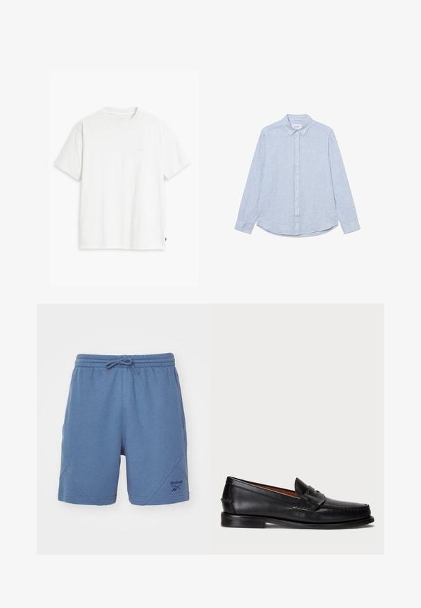 Camiseta de algodón blanca con mangas cortas, cuello redondo y sutil logo de Levi's impreso en el centro. Textura suave y ajuste estándar.; Camisa abotonada de color azul claro con rayas blancas, mangas largas, cuello, fondo redondeado y sutil detalle del logo en el pecho. Material de algodón.; Pantalones cortos deportivos azules fabricados en una tela suave, con una cinturilla elástica y cordón, costuras anguladas y un pequeño logo en el dobladillo inferior.; Mocasin de cuero negro con punta redondeada, detalles de costura y una correa decorativa en la parte frontal. Suela plana con un perfil minimalista.