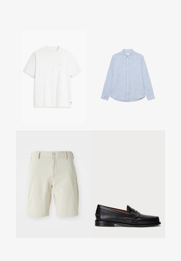 Biely bavlnený tričko s krátkymi rukávmi, okrúhlym výstrihom a jemným logom Levi's potlačeným v strede. Mäkčená textúra a štandardný strih.; Svetlomodrá košeľa na gombíky s bielymi pruhmi, dlhé rukávy, golier, zaoblený spodný okraj a subtilný detail loga na hrudi. Bavlnený materiál.; Bežové šortky vyrobené z ľahkej tkaniny, s plochým predným dielom, pútkami na opasok a jedným gombíkom na zapínanie. Jednoduchý, čistý dizajn bez vzorov.; Čierne kožené mokasíny s okrúhlym nosom, prešívaním a dekoratívnym remienkom vpredu. Plochá podrážka s minimálnym profilom.