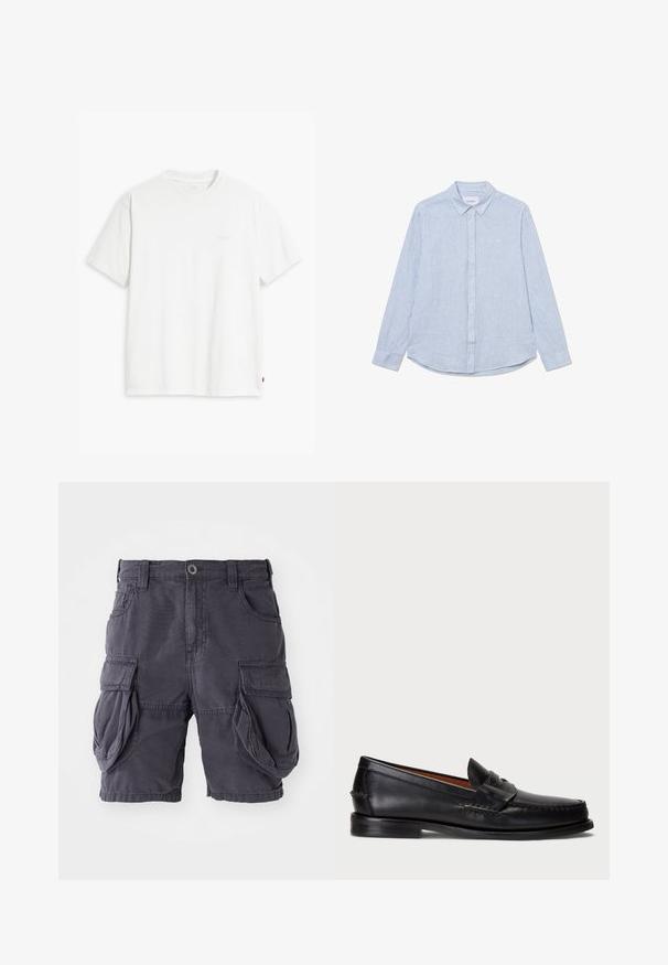 Biely bavlnený tričko s krátkymi rukávmi, okrúhlym výstrihom a jemným logom Levi's potlačeným v strede. Mäkčená textúra a štandardný strih.; Svetlomodrá košeľa na gombíky s bielymi pruhmi, dlhé rukávy, golier, zaoblený spodný okraj a subtilný detail loga na hrudi. Bavlnený materiál.; Cargo šortky vyrobené z tmavosivej bavlny, s klasickým strihom, viacerými bočnými vreckami a predným zapínaním na gombík. Hladká textura.; Čierne kožené mokasíny s okrúhlym nosom, prešívaním a dekoratívnym remienkom vpredu. Plochá podrážka s minimálnym profilom.