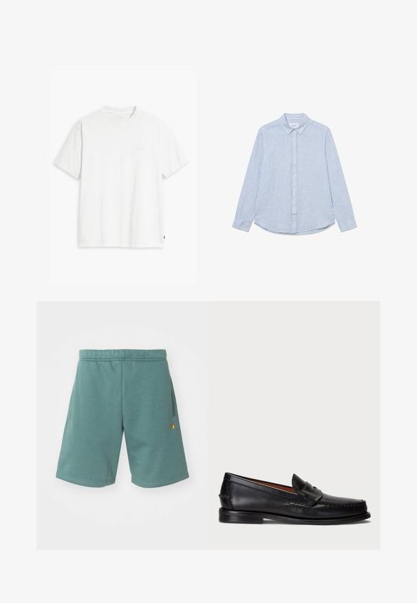 White cotton t-shirt with short sleeves, crew neck, and subtle Levi's logo printed in the center. Soft texture and standard fit.; Light blue button-up shirt with white stripes, long sleeves, collar, rounded hem, and subtle logo detail on the chest. Cotton material.; Cotton blend shorts in a teal color with an elastic waistband, side pockets, and a small gold logo accent on the lower leg.; Black leather loafer with a rounded toe, stitched detailing, and a decorative strap across the front. Flat sole with minimal profile.