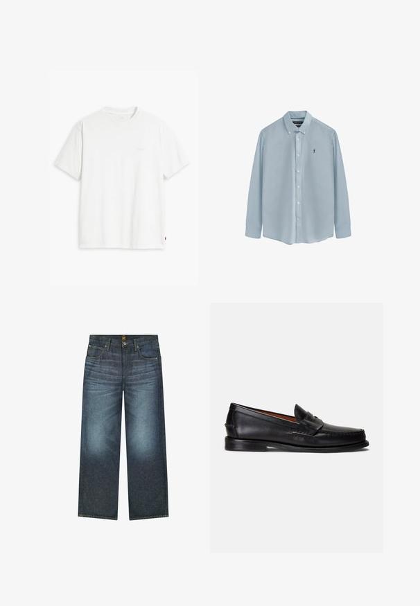Biała bawełniana koszulka z krótkim rękawem, okrągłym dekoltem i dyskretnym logo Levi's nadrukowanym na środku. Miękka tekstura i standardowy krój.; Jasnoniebieska koszula z długim rękawem, wykonana z gładkiego materiału, z kołnierzykiem zapinanym na guziki, guzikami z przodu i małym ciemnym logo po lewej stronie klatki piersiowej.; Ciemnoniebieskie szerokie spodnie dżinsowe, wykonane z denimu, z pięcioma kieszeniami, kontrastowym przeszyciem i zapięciem na guzik w pasie.; Czarne skórzane mokasyny z gładkim wykończeniem, zaokrąglonym noskiem i ozdobnym paskiem na cholewce. Posiadają niską czarną podeszwę.