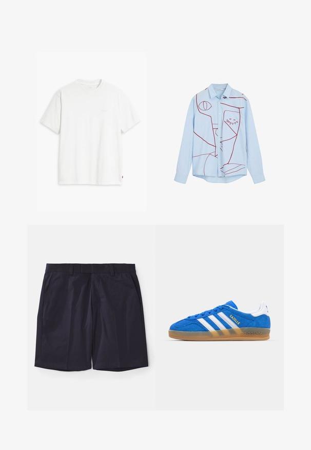 Valkoinen puuvillapaita, jossa on lyhyet hihat, pyöreä pääntie ja hienovarainen Levi's-logo painettuna keskelle. Pehmeä kangas ja normaali istuvuus.; Vaaleansininen napitettu paita, jossa on punaista abstraktia kirjontaa, mukaan lukien silmiä ja hampaita muistuttava kuvio, klassisella kauluksella ja pitkillä hihoilla.; Tummansinisiä shortseja, jotka on valmistettu sileästä kankaasta, tasaisella etuosalla, vyölenkeillä ja sivutaskuilla; helma on viimeistelty suoran reunan avulla siistin lopputuloksen saavuttamiseksi.; Sininen mokkanahka sneakeri, jossa on valkoiset raidat ja "Gazelle"-teksti. Varustettu kumipohjalla ja teksturoiduilla yksityiskohdilla päälliosassa. Klassisella muotoilulla.