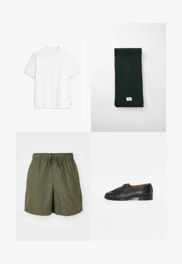 T-shirt branca em algodão com mangas curtas, decote redondo e um discreto logótipo "Levi's" impresso em cor clara na frente.; Camisa de manga longa xadrez em tons de bege, preto e castanho, com fecho de botão, dois bolsos no peito e um design de gola clássica.; Calções verdes oliva com uma cintura elástica, cordão ajustável e bolsos laterais. Feitos de um tecido leve, com um brilho sutil.; Sapata de couro preta com um acabamento texturizado, bico arredondado e um pequeno laço decorativo na parte superior. Apresenta um salto baixo e robusto.; Cachecol de malha canelada verde escuro com forma retangular e um pequeno rótulo branco com "ARRKK" na parte inferior. Textura suave.
