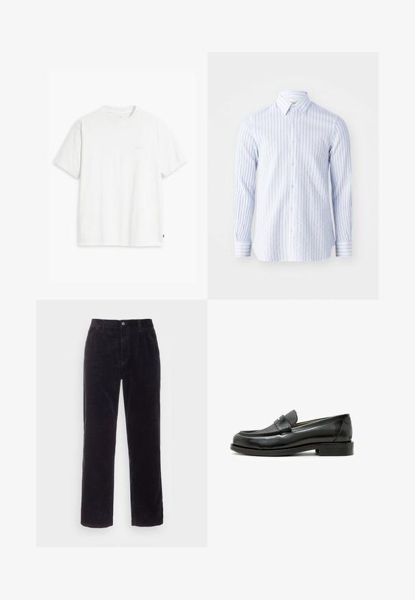 Balta medvilninė marškinė su trumpomis rankovėmis, apvaliu kaklu ir subtiliu Levi's logotipu viduryje. Minkšta tekstūra ir standartinė išvaizda.; Juostuota mėlyna ir balta marškinėliai su apykakle ir ilgomis rankovėmis su mygtukais. Lengvas medvilnės audinys.; Carhartt WIP SINGLE KNEE PANT - Kelnės - dark navy rinsed; Juodas odinis loafers su tekstūruotu juodu odiniu akcentu, apvaliu pirštu ir žemu blokiniu kulnu; turi dekoratyvų metalinį detalę.