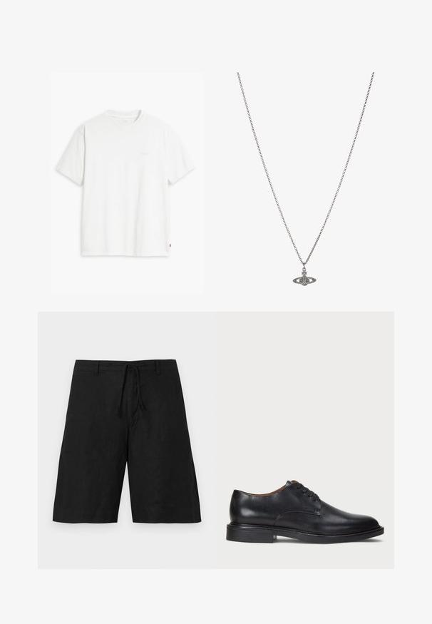 Tricou alb din bumbac cu mâneci scurte, guler rotund și logo-ul subtil Levi's imprimat în centrul său. Textură moale și croială standard.; Shorts negri din in cu o croială lejeră, talie cu șnur și fără modele vizibile. Țesătura pare ușoară, cu un finisaj ușor texturat.; Pantofle din piele neagră cu vârful rotund, design cu șireturi și toc jos stratificat. Textură netedă cu detalii de cusătură minime.; Colier din argint cu un pandantiv detaliat în formă de planetă, împodobit cu accente mici și modele complicate.