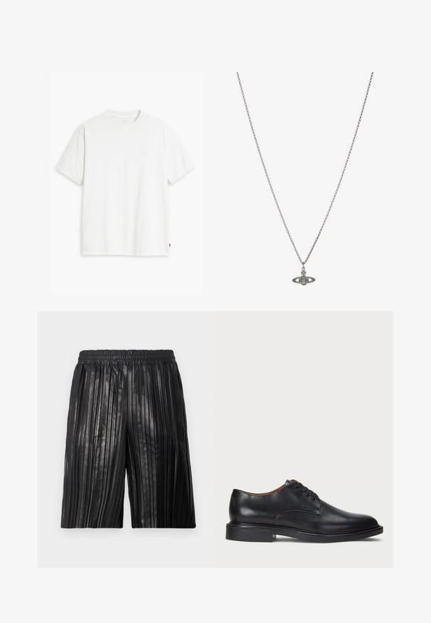 Witte katoenen T-shirt met korte mouwen, ronde hals en subtiele Levi's logo gedrukt in het midden. Zachte textuur en standaard pasvorm.; Zwarte geplisseerde shorts met een elastische tailleband, gemaakt van een glanzend materiaal, met verticale groeven voor textuur en stijl.; Zwart leren dresschoen met een ronde neus, vetersluiting en een lage gestapelde hak. Gladde textuur met minimale stiksels.; Zilveren ketting met een gedetailleerde hanger in de vorm van een planeet, versierd met kleine accenten en verfijnde patronen.