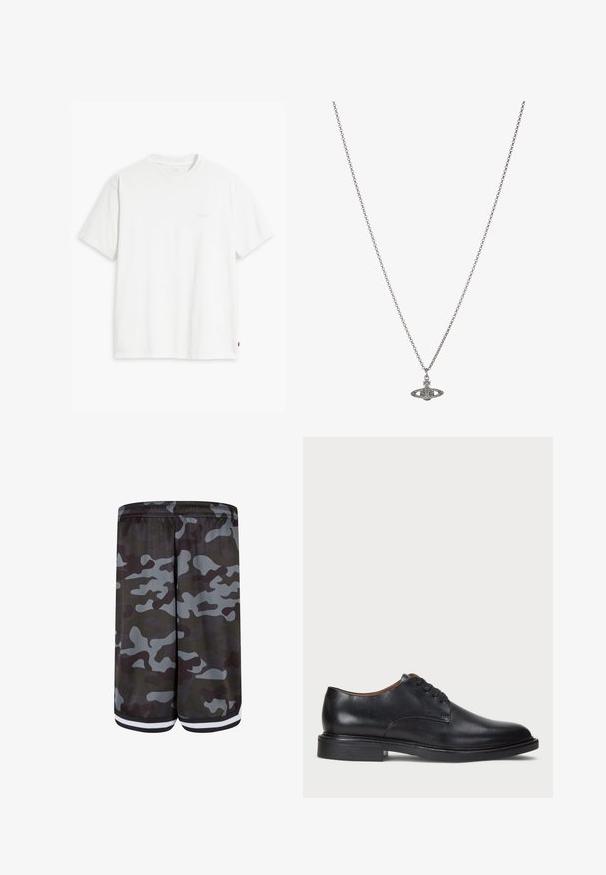 Fehér pamut póló rövid ujjakkal, kerek nyakkal és diszkrét Levi's logóval a középen. Puha tapintású és szabványos szabású.; Camouflázs mintás sort, hálós textúrával, főként szürke, sötétzöld részletekkel, elasztikus derékrésszel és fehér csíkkal a szegélyen.; Fekete bőrből készült dresszcipő kerek orral, fűzős kialakítással és alacsony, rétegelt sarkával. Simás felület minimális varrási részletekkel.; Ezüst lánc nyaklánc, részletes, bolygó formájú medállal, kicsi díszítőelemekkel és összetett mintákkal díszítve.