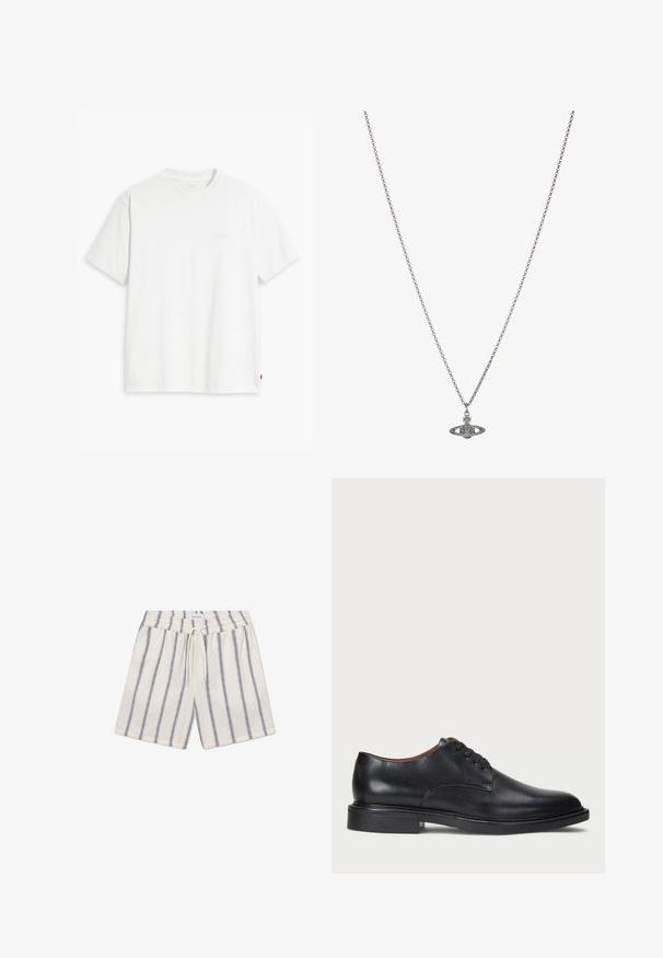 Balta kokvilnas T-krekls ar īsām piedurknēm, apaļu kakla izgriezumu un maigi redzamu Levi's logotipu centrā. Mīksta tekstūra un standarta piegriezums.; Linsēnu šorti krēmkrāsā ar tumši ziliem vertikāliem svītrām. Iespējams pielāgot jostasvietu ar elastīgu jostu un auklu.; Melnas ādas kleitu kurpes ar apaļu purngalu, auklu dizainu un zemu sakrautu papēdi. Gluda virsma ar minimālām šuvju detaļām.; Sudraba ķēdes kaklarota ar detalizētu piekariņu, kas veidots planētas formā, kas rotāta ar maziem akcentiem un sarežģītiem rakstiem.