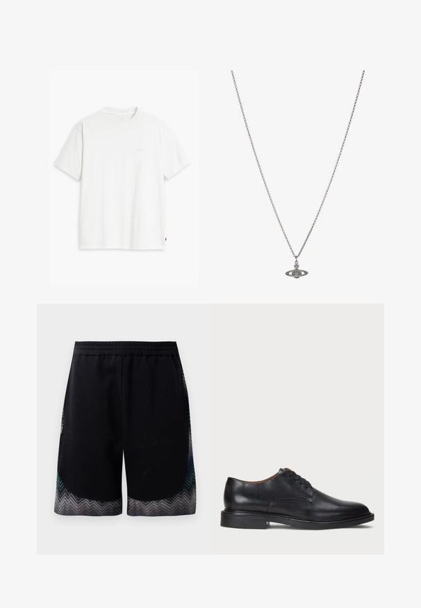 Balti medvilninė marškinėliai su trumpomis rankovėmis, apvali apykakle ir subtiliu šviesios spalvos „Levi's" logotipu priekyje.; Juodos sportinės šortai su elastingu juosmeniu ir zigzago rašto apatine dalimi, kuri yra mėlynos, pilkos ir juodos spalvų. Medžiaga atrodo minkšta ir lengva.; Juodas odinis suknių batelis su apvalia nosimi, raišteliais ir žemu, sukrautu kulnu. Lygus paviršius su minimaliais siuvinėjimo detalėmis.; Sidabrinė grandinėlė su detaliu pakabuku planetos forma, papuošta mažomis detalėmis ir sudėtingais raštais.