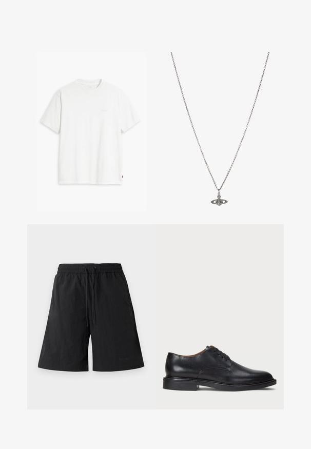 Λευκό βαμβακερό μπλουζάκι με κοντά μανίκια, απλό λαιμόκοψη και διακριτό λογότυπο της Levi's τυπωμένο στο κέντρο. Μαλακή υφή και κανονική εφαρμογή.; Μαύρες βερμούδες από ελαφρύ ύφασμα με υφασμάτινη επιφάνεια, διαθέτουν ελαστική μέση και κορδόνια για ρυθμιζόμενη εφαρμογή.; Μαύρο δερμάτινο παπούτσι με στρογγυλή μύτη, σχέδιο με κορδόνια και χαμηλό σωρευμένο τακούνι. Λείος υφάντης με ελάχιστες ραφές.; Ασημένια αλυσίδα με κολιέ που διαθέτει μια λεπτομερή εκλεπτυσμένη πένα σε σχήμα πλανήτη, διακοσμημένη με μικρές λεπτομέρειες και περίπλοκα σχέδια.