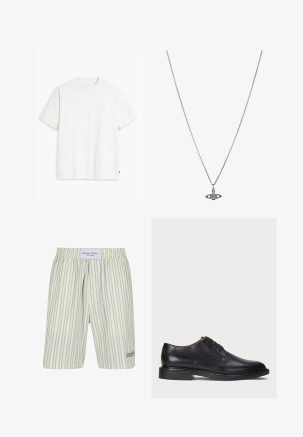 Balta kokvilnas T-krekls ar īsām piedurknēm, apaļu kakla izgriezumu un maigi redzamu Levi's logotipu centrā. Mīksta tekstūra un standarta piegriezums.; Gaiši zaļi svītraini kokvilnas bokseri ar regulējamu jostasvietu, priekšējiem pogām un diskrētu logo detaļu apakšējā kreisajā pusē.; Melnas ādas kleitu kurpes ar apaļu purngalu, auklu dizainu un zemu sakrautu papēdi. Gluda virsma ar minimālām šuvju detaļām.; Sudraba ķēdes kaklarota ar detalizētu piekariņu, kas veidots planētas formā, kas rotāta ar maziem akcentiem un sarežģītiem rakstiem.