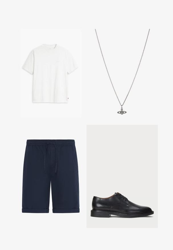 Valge puuvillane t-särk lühikeste varrukatega, ümmargune kaelus ja peene Levi'si logo trükituna keskel. Pehme tekstuur ja standardne istuvus.; Tumesinised puuvillased lühikesed püksid, millel on elastne vöökoht ja nöör, ning mida iseloomustab lõdvestunud lõige ja üleskeeratud ääred mugava välimuse jaoks.; Must musta kleitjalats ümarate varvastega, paeltega disain ja madal virnastatud konts. Sile tekstuur minimaalsete õmblustega.; Hõbedane kettkaelakee, millel on detailselt kujundatud pendel, mis on planeedi kuju, kaunistatud väikeste aktsentide ja keerukate mustritega.