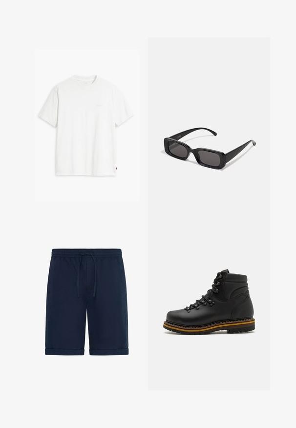 Balta medvilninė marškinė su trumpomis rankovėmis, apvaliu kaklu ir subtiliu Levi's logotipu viduryje. Minkšta tekstūra ir standartinė išvaizda.; Jūriniai mėlyni šortai, pagaminti iš lengvos medžiagos, su elastinga juosmeniu ir raišteliu, bei sukurtos sukritusios rankovės, suteikiančios neformalų įvaizdį.; Juodas odinis žygio botas su apvalia nosimi, tvirtais raišteliais, paminkštintu apvadu ir kontrastinga ruda ir juoda sluoksniuota padu. Textūruotas viršus.; Juodos stačiakampės saulės akiniai su tamsiais lęšiais, blizgiu paviršiumi, plačiomis kojelėmis ir masyviu rėmeliu. Ant vienos kojelės yra išgraviruotas prekės ženklas.
