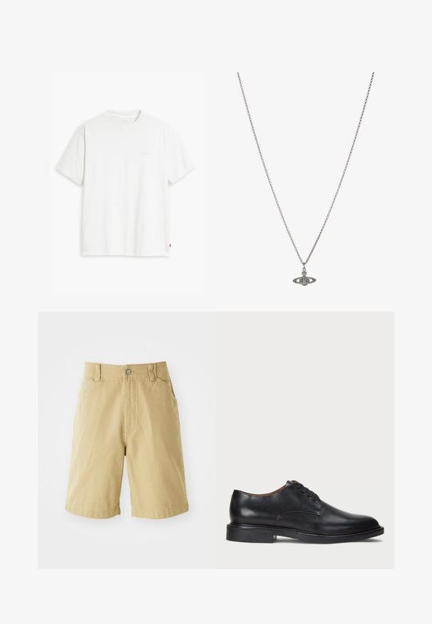 Bílá bavlněná tričko s krátkými rukávy, klasickým výstřihem a decentním logem Levi's vytištěným uprostřed. Měkká textura a standardní střih.; Khaki šortky z bavlny se zapínáním na zip a knoflík, dvěma bočními kapsami a uvolněným střihem. Hladká textura, délka do kolen.; Černé kožené společenské boty s kulatou špičkou, šněrováním a nízkým podpatkem. Hladký povrch s minimálním šitím.; Stříbrný řetízek s detailním přívěskem ve tvaru planety, zdobený malými akcenty a složitými vzory.