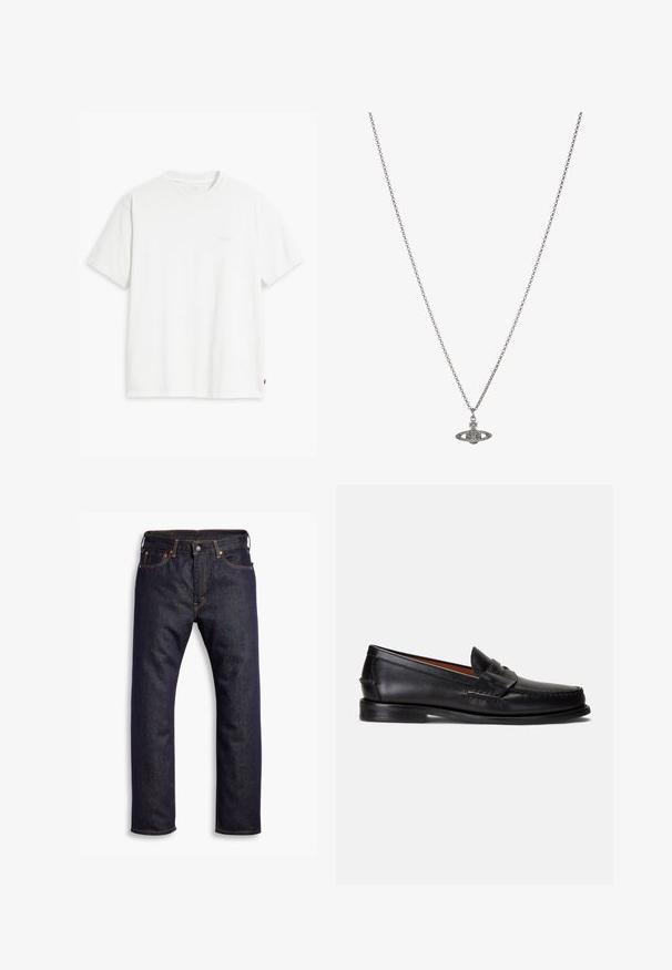 Valkoinen puuvillapaita, jossa on lyhyet hihat, pyöreä pääntie ja hienovarainen Levi's-logo painettuna keskelle. Pehmeä kangas ja normaali istuvuus.; Tummansiniset suorat farkut, joissa on viisi taskua ja oranssia kontrastiväristä ommelta, aseteltuna tasaisesti valkoista taustaa vasten.; Musta nahkainen loafer, jossa on sileä pinta, pyöristetty kärki ja koristeellinen nauha päälliosassa. Varustettu matalalla mustalla pohjalla.; Hopeaketju, jossa on yksityiskohtainen riipus planeetan muodossa, koristeltuna pienillä yksityiskohdilla ja monimutkaisilla kuvioilla.