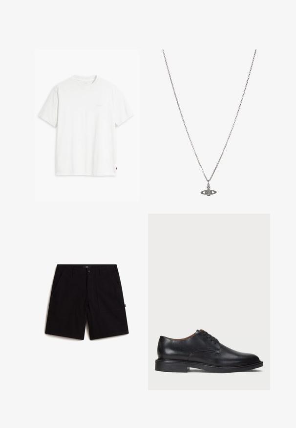 White cotton t-shirt with short sleeves, crew neck, and subtle Levi's logo printed in the center. Soft texture and standard fit.; Black shorts made of cotton, featuring a standard waistband, two front pockets, and a relaxed fit. Simple design with no visible patterns.; Black leather dress shoe with a round toe, lace-up design, and a low stacked heel. Smooth texture with minimal stitching details.; Silver chain necklace featuring a detailed pendant in the shape of a planet, adorned with small accents and intricate patterns.