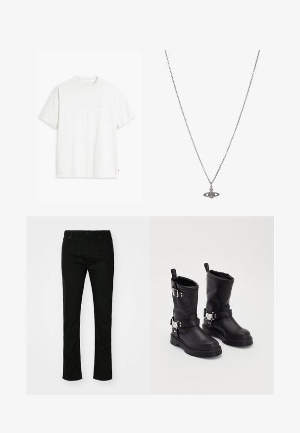 Bílé bavlněné tričko s krátkými rukávy, kulatým výstřihem a jemným logem "Levi's" tištěným světle barvou na přední straně.; Černé džíny z denimu s rovnými nohavicemi, pěticípým designem kapes a zapínáním na knoflík. Hladká textura s jemnými švy.; Černé kožené kotníkové boty se robustní podrážkou, vybavené bočním řemínkem se sponou a dekorativními prvky. Hladký povrch s poutkem.; Stříbrný řetízek s detailním přívěskem ve tvaru planety, zdobený malými akcenty a složitými vzory.
