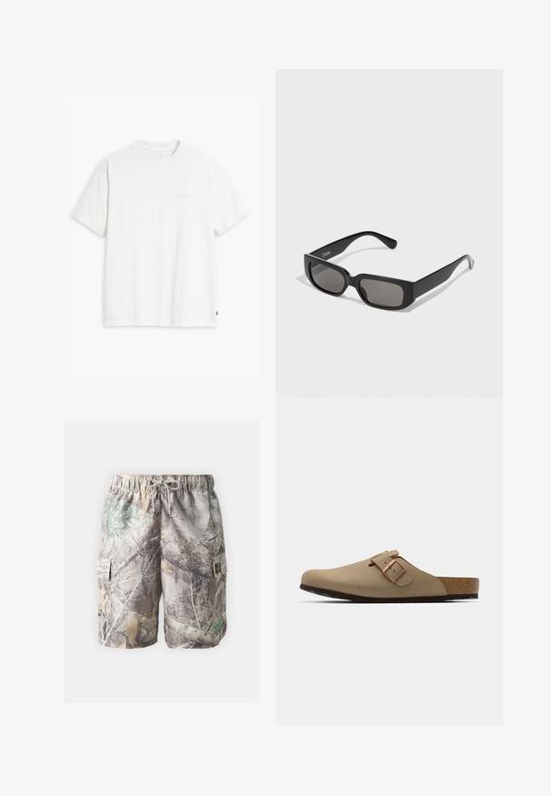 Vit bomulls-t-shirt med korta ärmar, rund halsringning och en diskret "Levi's"-logotyp tryckt i ljus färg på framsidan.; Kamouflage cargoshorts i lätt material, justerbar dragsko i midjan, sidofickor och en blandning av jordnära toner och mönster.; Beiga träskor med rund tå, justerbar spänne och korkfotbädd. Texturerad yta med en svart gummisula för bra grepp.; Svarta rektangulära solglasögon med gråtonade linser, tillverkade av slät plast. Har en minimalistisk design med raka skalmar och subtil märkeslogotyp.
