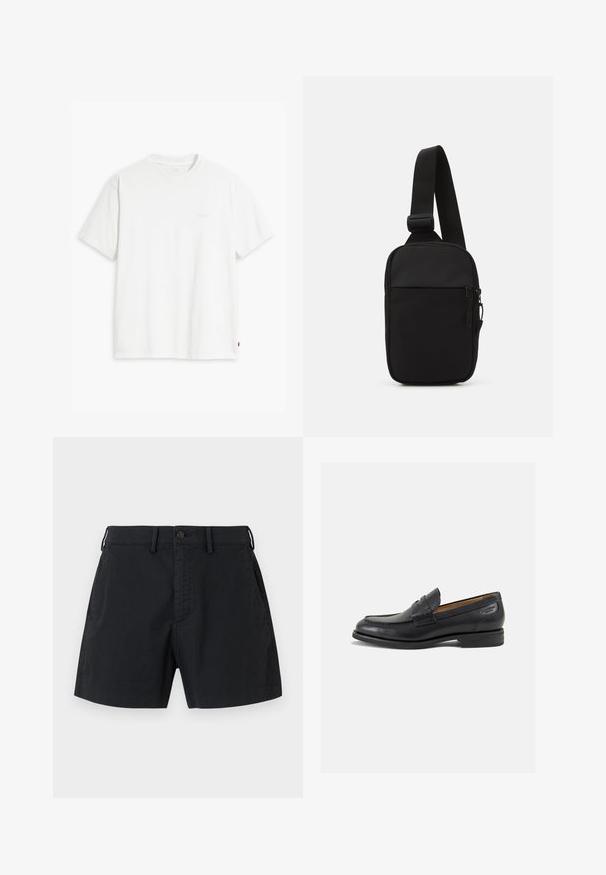 T-shirt en coton blanc à manches courtes, col rond, avec un logo "Levi's" discret imprimé en couleur claire sur le devant.; Shorts en coton noir avec une taille à boutons, des poches latérales et une coupe droite. Texture lisse avec un esthétique minimaliste.; Mocassins en cuir noir avec une finition lisse, bout rond et coutures décoratives sur la tige. Talon bas empilé et léger brillant.; Sac bandoulière noir en tissu durable, avec une seule sangle ajustable, un compartiment principal zippé et une poche avant.