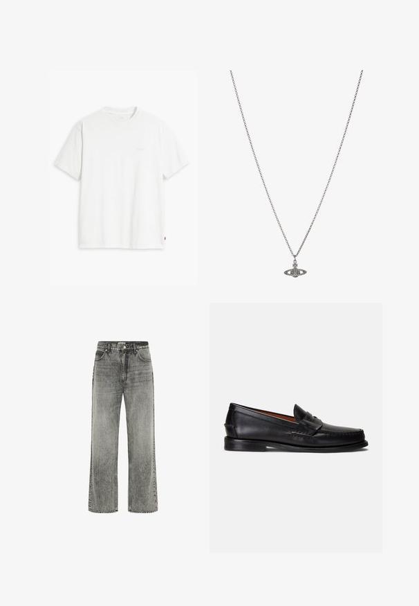 Biała bawełniana koszulka z krótkim rękawem, okrągłym dekoltem i dyskretnym logo Levi's nadrukowanym na środku. Miękka tekstura i standardowy krój.; Szare dżinsy o szerokim kroju wykonane z denimu z wyblakłym wykończeniem. Charakteryzują się przednimi kieszeniami, pętelkami na pasek oraz zamek błyskawiczny z zapięciem na guzik.; Czarne skórzane mokasyny z gładkim wykończeniem, zaokrąglonym noskiem i ozdobnym paskiem na cholewce. Posiadają niską czarną podeszwę.; Srebrny naszyjnik z łańcuchem z ozdobnym wisiorkiem w kształcie planety, zdobionym małymi akcentami i skomplikowanymi wzorami.