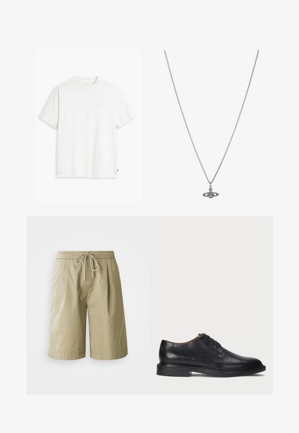 Fehér pamut póló rövid ujjakkal, kerek nyakkal és diszkrét Levi's logóval a középen. Puha tapintású és szabványos szabású.; Beige pamut rövidnadrág elasztikus derékkal és zsinórral. Oldalsó zsebekkel rendelkezik és laza, egyenes szabású.; Fekete bőrből készült dresszcipő kerek orral, fűzős kialakítással és alacsony, rétegelt sarkával. Simás felület minimális varrási részletekkel.; Ezüst lánc nyaklánc, részletes, bolygó formájú medállal, kicsi díszítőelemekkel és összetett mintákkal díszítve.