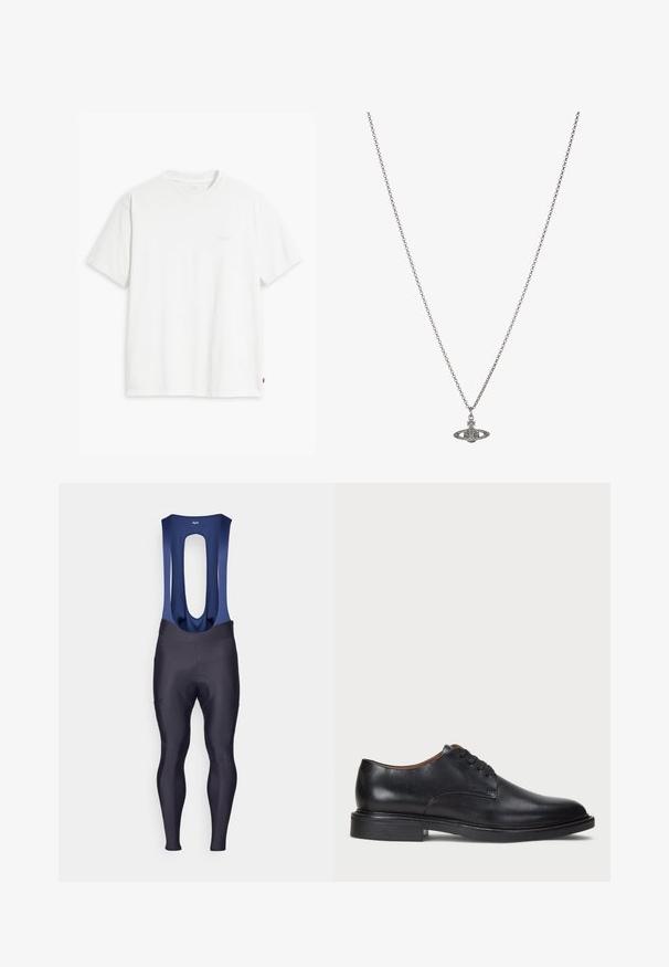 T-shirt bianca in cotone con maniche corte, colletto tondo e logo Levi's discreto stampato al centro. Texture morbida e vestibilità standard.; Rapha MENS CORE WINTER WITH PAD - Leggings - dark navy/navy; Scarpa da uomo in pelle nera con punta rotonda, design con lacci e tacco basso impilato. Texture liscia con dettagli di cucitura minimi.; Collana in argento con un pendente dettagliato a forma di pianeta, adornato con piccole decorazioni e motivi intricati.