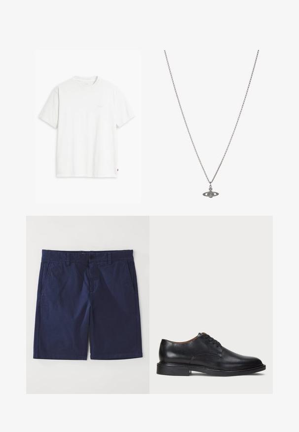 Biely bavlnený tričko s krátkymi rukávmi, okrúhlym výstrihom a jemným logom Levi's potlačeným v strede. Mäkčená textúra a štandardný strih.; Tmavomodré bavlnené šortky s rovný strihom, vybavené pútkami na opasok, predným gombíkovým zapínaním a dvoma bočnými vreckami. Hladká textúra.; Čierne kožené spoločenské topánky s okrúhlym špičkou, šnurovacím dizajnom a nízkym zloženým podpätkom. Hladký povrch s minimálnymi švovými detailmi.; Strieborný retiazkový náhrdelník s detailným príveskom v tvare planéty, zdobený malými akcentmi a zložitými vzormi.