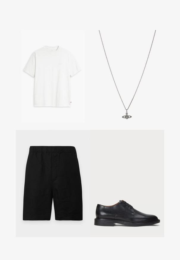 Camiseta de algodón blanca con mangas cortas, cuello redondo y un sutil logo "Levi's" impreso en color claro en la parte frontal.; Pantalones cortos negros con cintura elástica, confeccionados en una tela texturizada, con corte recto y sin bolsillos visibles ni detalles adicionales.; Zapato de vestir de cuero negro con punta redonda, diseño con cordones y un tacón bajo apilado. Textura lisa con detalles de costura mínimos.; Collar de cadena de plata que presenta un colgante detallado en forma de planeta, adornado con pequeños acentos y patrones intrincados.