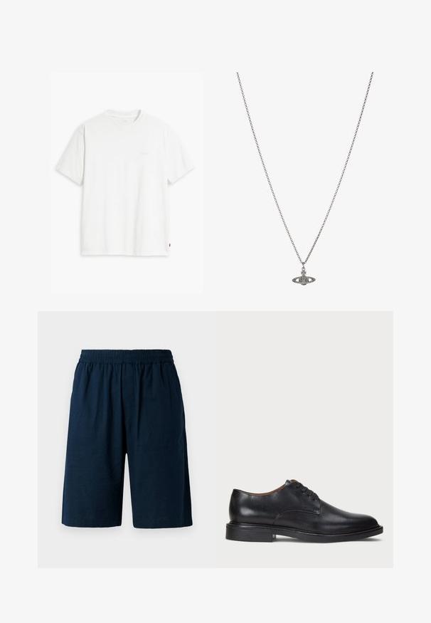 Bílá bavlněná tričko s krátkými rukávy, klasickým výstřihem a decentním logem Levi's vytištěným uprostřed. Měkká textura a standardní střih.; Námořnické modré kraťasy vyrobené z lehkého materiálu, s elastickým pasem a volným střihem, se dvěma bočními kapsami.; Černé kožené společenské boty s kulatou špičkou, šněrováním a nízkým podpatkem. Hladký povrch s minimálním šitím.; Stříbrný řetízek s detailním přívěskem ve tvaru planety, zdobený malými akcenty a složitými vzory.