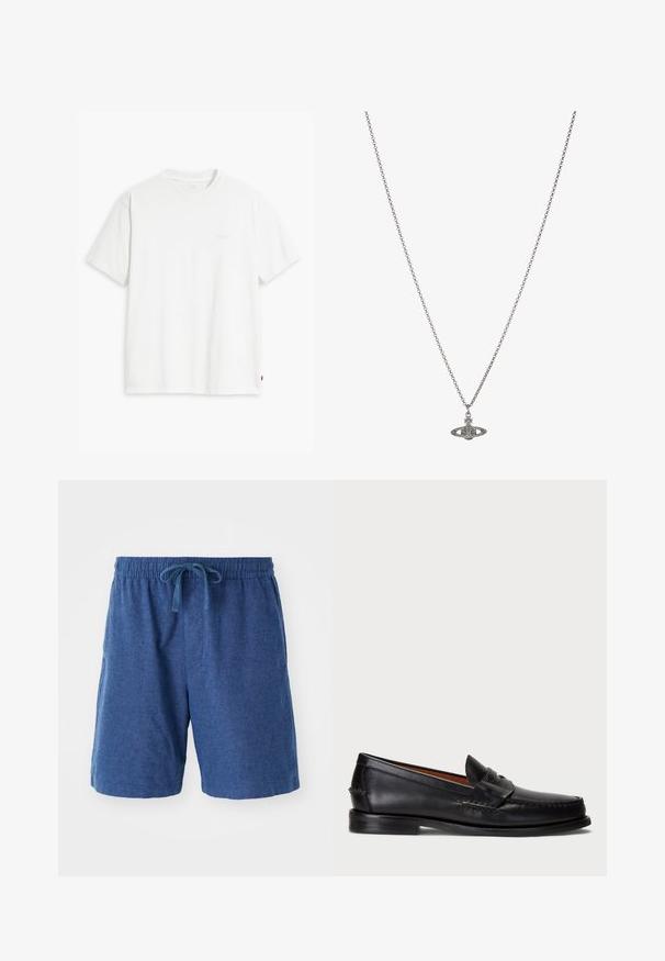 Bílá bavlněná tričko s krátkými rukávy, klasickým výstřihem a decentním logem Levi's vytištěným uprostřed. Měkká textura a standardní střih.; Modré pletené šortky s elastickým pasem, stahovací šňůrkou a bočními kapsami. Krátká délka s hladkým, texturovaným povrchem.; Černé kožené mokasíny s kulatou špičkou, prošívanými detaily a dekorativním páskem přes přední část. Plochá podrážka s minimálním profilem.; Stříbrný řetízek s detailním přívěskem ve tvaru planety, zdobený malými akcenty a složitými vzory.