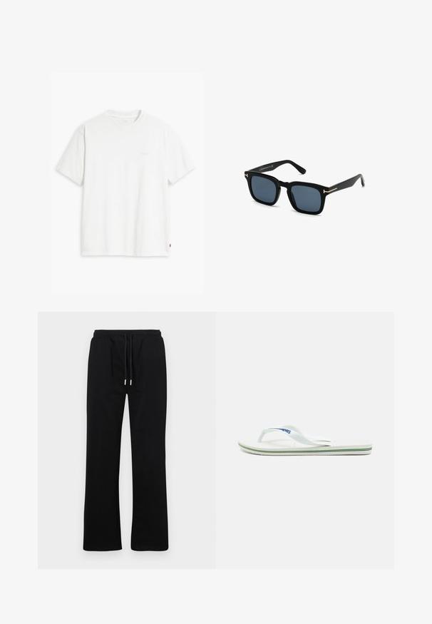 Vit bomulls t-shirt med korta ärmar, rundad halsringning och subtil Levi's-logotyp tryckt i mitten. Mjuk textur och standard passform.; Svarta träningsbyxor med elastisk midja och snörning, med en rak bendesign och en mjuk, slät yta.; Vita flip-flop med en texturerad fotbädd, smala remmar och en flerfärgad accentlinje på sulan. Har logotyp på remmen.; Svarta fyrkantiga solglasögon med mörka linser, matt finish och guldmetallaccenter vid bågarna, med en minimalistisk design.; Canvas tote-väska i ljus beige med svart tryckt text. Har dubbla handtag och ett avtagbart axelrem. Rektangulär form med strukturerad design.