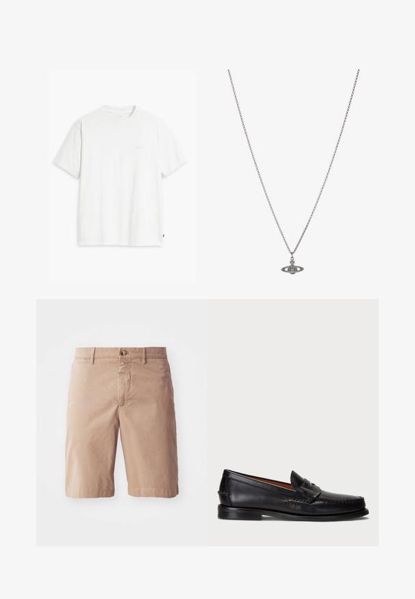 Fehér pamut póló rövid ujjakkal, kerek nyakkal és diszkrét Levi's logóval a középen. Puha tapintású és szabványos szabású.; Beige pamut rövidnadrág egyenes lábbal, elöl gombos záródással és övhurkokkal. Simaságával kényelmes tapintású és minimalista varrási részletekkel rendelkezik.; Fekete bőr mokaszin lekerekített orral, varrott részletezéssel és díszes pánttal az elején. Lapos talp minimalista profilal.; Ezüst lánc nyaklánc, részletes, bolygó formájú medállal, kicsi díszítőelemekkel és összetett mintákkal díszítve.