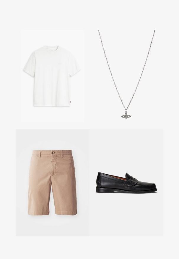 Weißes Baumwoll-T-Shirt mit kurzen Ärmeln, rundem Ausschnitt und einem dezenten "Levi's"-Logo in heller Farbe auf der Vorderseite.; Beige Baumwollshorts mit geradem Bein, ausgestattet mit einem Frontknopfverschluss und Gürtelschlaufen. Glatte Textur mit minimalen Nähdetails.; Schwarze Lederloafer mit glatter Oberfläche, abgerundetem Zehenbereich und dekorativem Riemen über dem Spann. Verfügt über eine flache schwarze Sohle.; Silberne Kettenhalskette mit einem detaillierten Anhänger in Form eines Planeten, verziert mit kleinen Akzenten und kunstvollen Mustern.