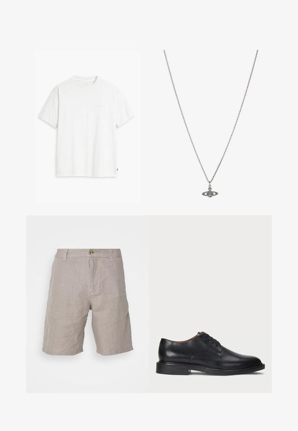 Bela bombažna majica s kratkimi rokavi, okroglim ovratnikom in subtilnim logotipom Levi's, natisnjenim na sredini. Mehak material in standardna oblika.; Bež lanene kratke hlače sproščenega kroja, z gumbom za zapiranje, zankami za pas in gladko teksturo. Brez vidnih vzorcev ali poudarkov.; Črne usnjene oblečne čevlje s krožno konico, zavezovanje z vezalkami in nizko plastiko. Gladka tekstura z minimalnimi šivi.; Srebrna verižica z obeskom v obliki planeta, okrašena z majhnimi detajli in zapletenimi vzorci.