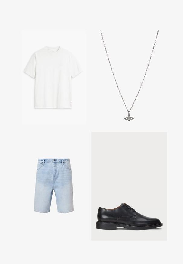 Balta kokvilnas T-krekls ar īsām piedurknēm, apaļu kakla izgriezumu un maigi redzamu Levi's logotipu centrā. Mīksta tekstūra un standarta piegriezums.; Gaiši zili denim šorti ar regulāru piegriezumu, piecu kabatu dizainu un pogu aizdari. Izaicinošs izlīdzinājums un šūta apmale.; Melnas ādas kleitu kurpes ar apaļu purngalu, auklu dizainu un zemu sakrautu papēdi. Gluda virsma ar minimālām šuvju detaļām.; Sudraba ķēdes kaklarota ar detalizētu piekariņu, kas veidots planētas formā, kas rotāta ar maziem akcentiem un sarežģītiem rakstiem.