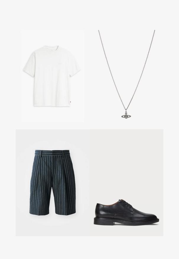 Fehér pamut póló rövid ujjakkal, kerek nyakkal és diszkrét Levi's logóval a középen. Puha tapintású és szabványos szabású.; Kék csíkos, egyenes szabású sort, derékrésszel és redőkkel, texturált anyagból. Nincsenek látható zsebek vagy fémalkatrészek.; Fekete bőrből készült dresszcipő kerek orral, fűzős kialakítással és alacsony, rétegelt sarkával. Simás felület minimális varrási részletekkel.; Ezüst lánc nyaklánc, részletes, bolygó formájú medállal, kicsi díszítőelemekkel és összetett mintákkal díszítve.