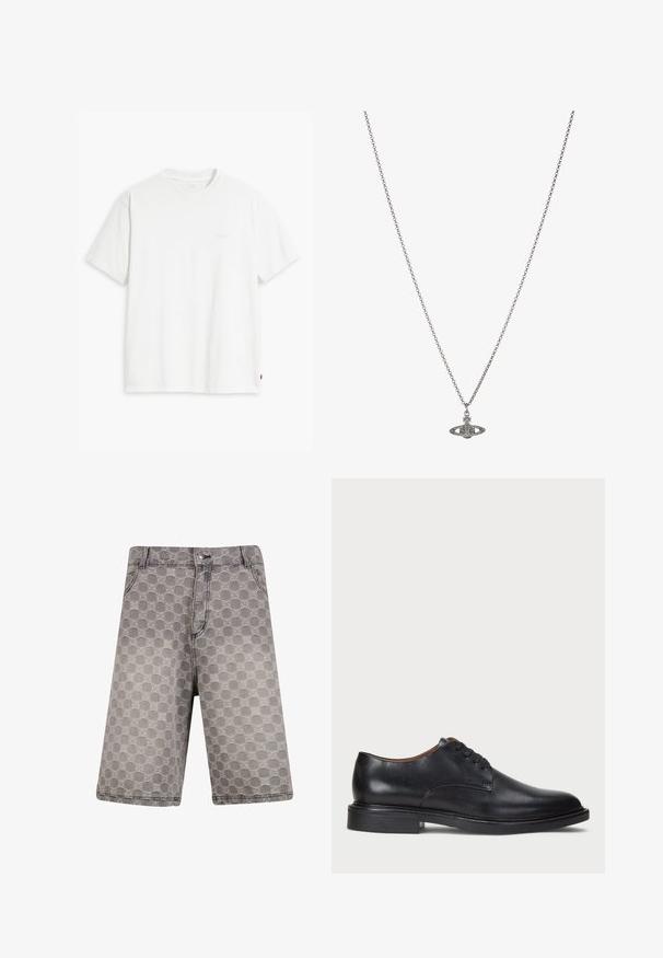 T-shirt bianca in cotone con maniche corte, colletto tondo e logo Levi's discreto stampato al centro. Texture morbida e vestibilità standard.; Shorts in denim grigio con un motivo circolare, dotati di un tradizionale design a cinque tasche e accenti di cucitura visibili.; Scarpa da uomo in pelle nera con punta rotonda, design con lacci e tacco basso impilato. Texture liscia con dettagli di cucitura minimi.; Collana in argento con un pendente dettagliato a forma di pianeta, adornato con piccole decorazioni e motivi intricati.