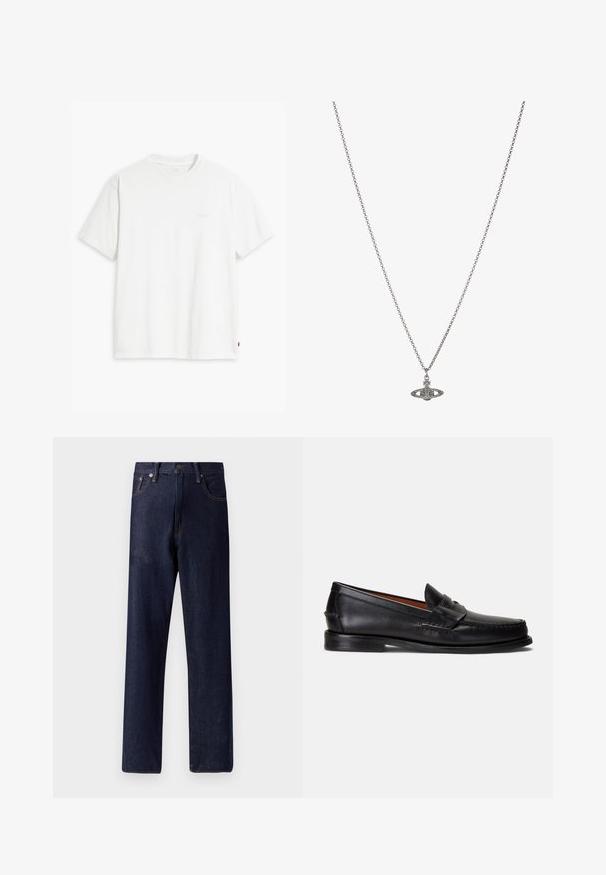 Fehér pamut póló rövid ujjakkal, kerek nyakkal és diszkrét Levi's logóval a középen. Puha tapintású és szabványos szabású.; Sötétkék farmernadrág, egyenes szabással, öt zsebbel és diszkrét varrási részletekkel. Közepes magasságú derék, fém gombbal és cipzárral záródik.; Fekete bőrből készült mokaszinok sima felülettel, lekerekített orral és díszítő szalaggal a felsőrészén. Alacsony fekete talppal rendelkeznek.; Ezüst lánc nyaklánc, részletes, bolygó formájú medállal, kicsi díszítőelemekkel és összetett mintákkal díszítve.