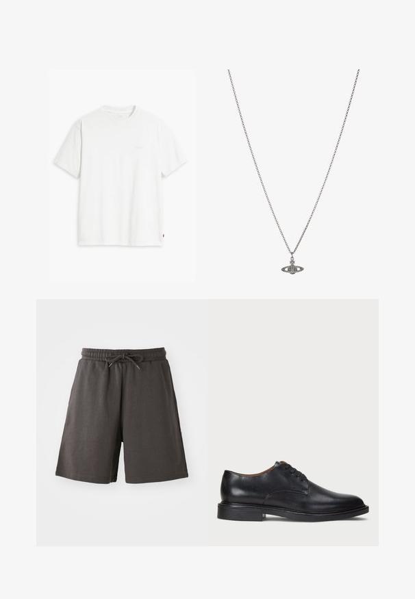 Balta kokvilnas T-krekls ar īsām piedurknēm, apaļu kakla izgriezumu un maigi redzamu Levi's logotipu centrā. Mīksta tekstūra un standarta piegriezums.; Tumši pelēki šorti, kas izgatavoti no mīksta auduma, ar elastīgu jostasvietu, regulējamu auklu un ceļa garuma piegriezumu. Gluda tekstūra, bez rakstiem.; Melnas ādas kleitu kurpes ar apaļu purngalu, auklu dizainu un zemu sakrautu papēdi. Gluda virsma ar minimālām šuvju detaļām.; Sudraba ķēdes kaklarota ar detalizētu piekariņu, kas veidots planētas formā, kas rotāta ar maziem akcentiem un sarežģītiem rakstiem.