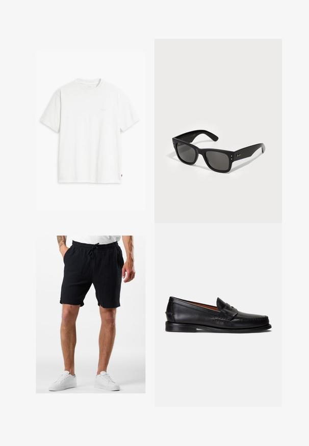 Weißes Baumwoll-T-Shirt mit kurzen Ärmeln, rundem Ausschnitt und einem dezenten "Levi's"-Logo in heller Farbe auf der Vorderseite.; Schwarze Baumwollkurzshorts mit einem elastischen Bund und Kordelzug, ausgestattet mit strukturiertem Stoff und seitlichen Taschen, getragen mit weißen Turnschuhen.; Schwarze Lederloafer mit glatter Oberfläche, abgerundetem Zehenbereich und dekorativem Riemen über dem Spann. Verfügt über eine flache schwarze Sohle.; Schwarze Sonnenbrille mit quadratischem Rahmen, ausgestattet mit dunklen Gläsern. Akzentuiert mit kleinen goldfarbenen Punkten und einem goldenen Logo an den Bügeln. Weiße Oberfläche.