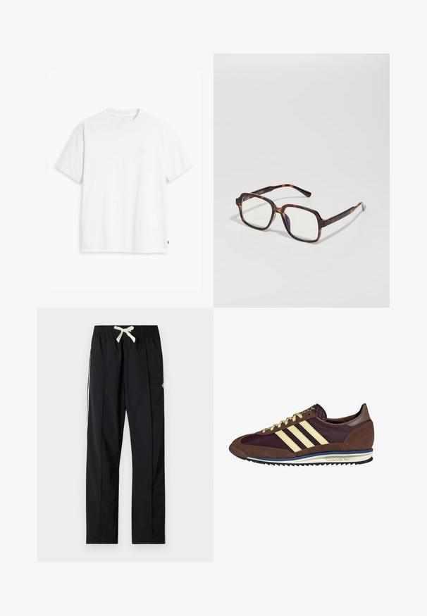 Vit bomulls t-shirt med korta ärmar, rundad halsringning och subtil Levi's-logotyp tryckt i mitten. Mjuk textur och standard passform.; Svarta, lätta byxor med en avslappnad passform, elastisk midja och dragsko. Har vita sidosträck och en liten logotyp på låret.; Bruna och burgundy sneakers i mocka och mesh-material, med tre krämfärgade ränder, textil på tungan och en gummisula.; Svalorams solglasögon med fyrkantiga bågar, klara linser och slanka stänger med en subtil logodetalj. Matt och glansig finish.