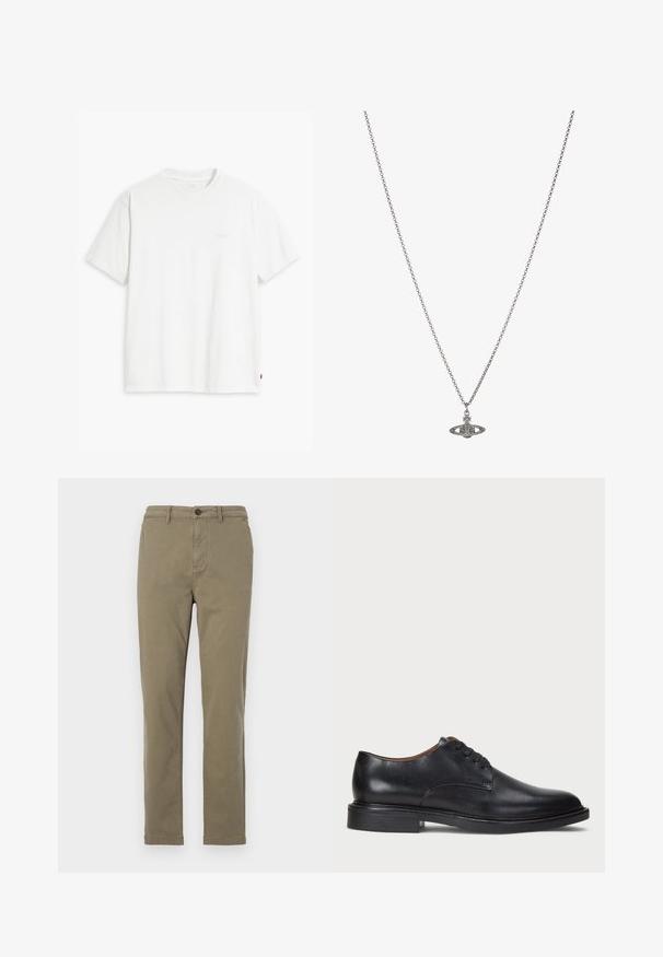 Balta kokvilnas T-krekls ar īsām piedurknēm, apaļu kakla izgriezumu un maigi redzamu Levi's logotipu centrā. Mīksta tekstūra un standarta piegriezums.; Oliļzaļas kokvilnas chinos bikses ar taisnu kāju dizainu, priekšnē ar pogu aizdari un sānu kabatām. Gluda tekstūra un minimāla apdare.; Melnas ādas kleitu kurpes ar apaļu purngalu, auklu dizainu un zemu sakrautu papēdi. Gluda virsma ar minimālām šuvju detaļām.; Sudraba ķēdes kaklarota ar detalizētu piekariņu, kas veidots planētas formā, kas rotāta ar maziem akcentiem un sarežģītiem rakstiem.